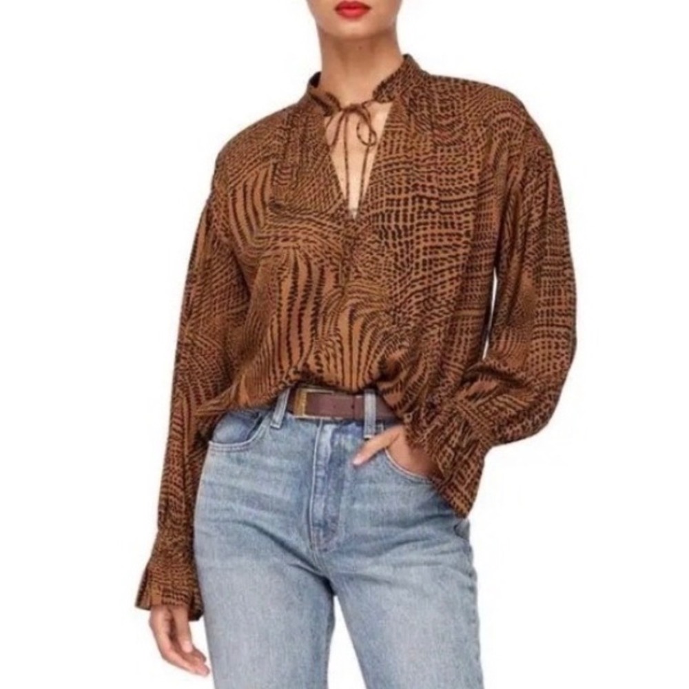 Equipment Femme Brown‎ Abstract Dot Tie Neck Blouse Smocked Cuff Rayon XS NEW